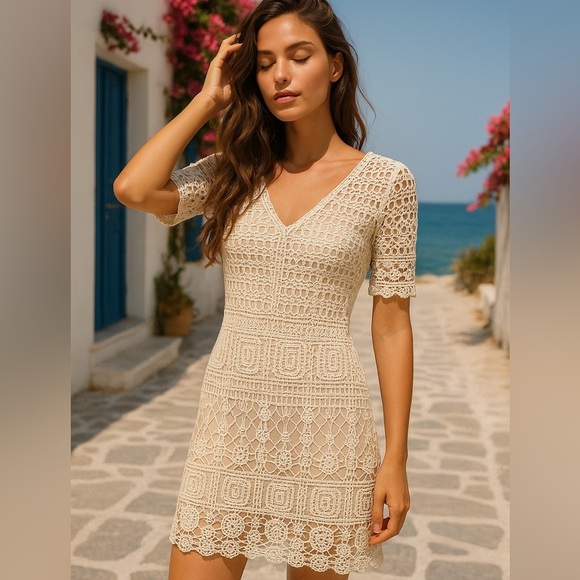 Coastal Cowgirl Boho Western Festival Cream Crochet Dress  NWOT EST 1946 Sz L - Picture 1 of 12